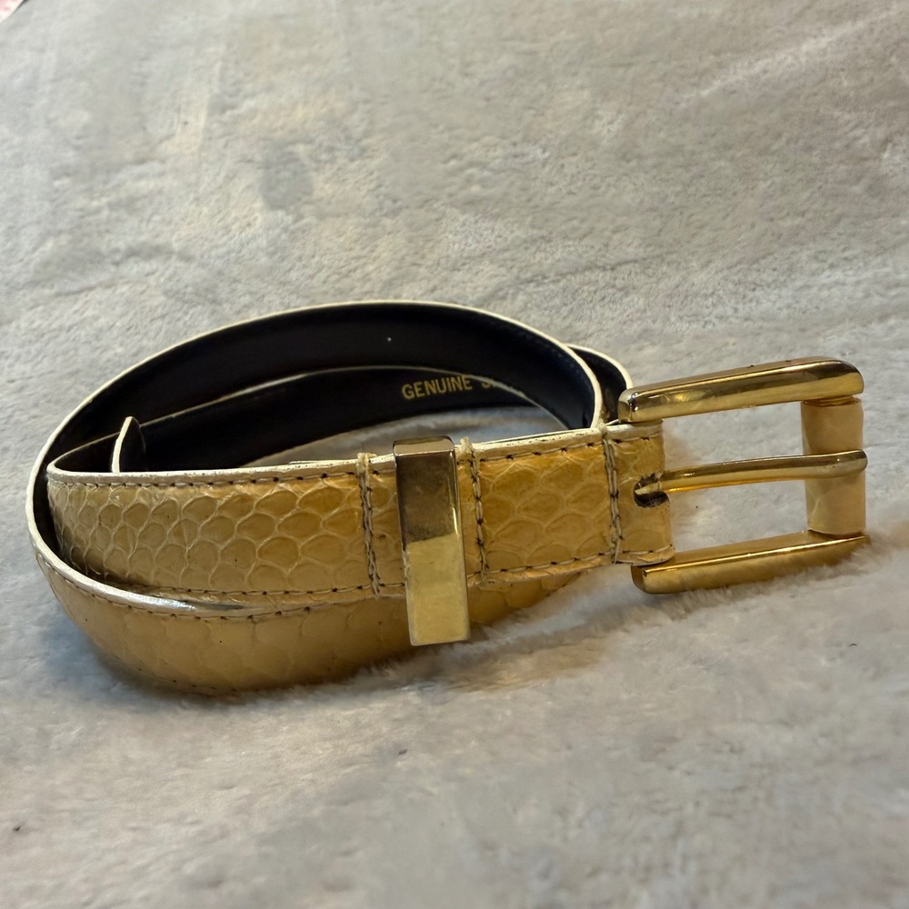 Vintage Yellow Genuine Snakeskin Belt Gold Buckle 80s Boho Skinny Amy & Julius M